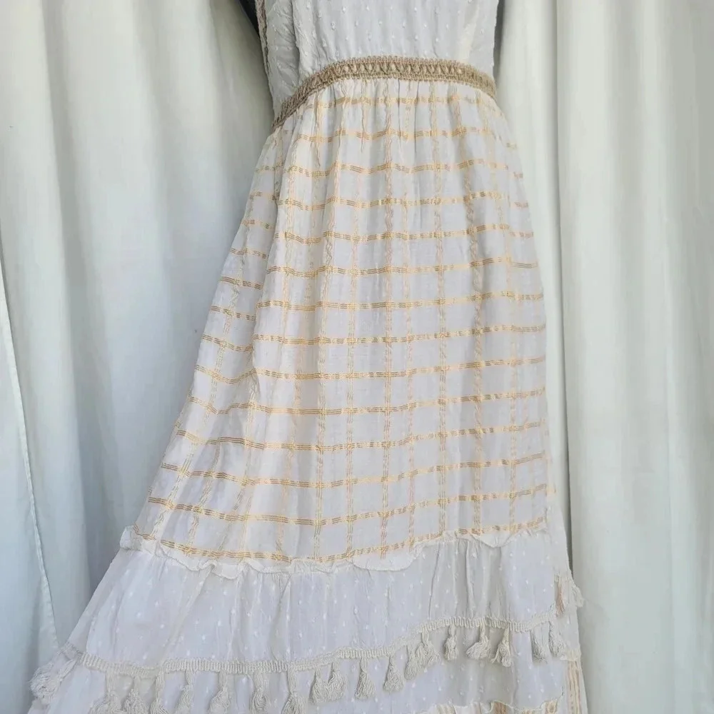 NWT White Maxi Dress Sleveless Embroidere Trim Tassels Flowy Summer Beach Long S